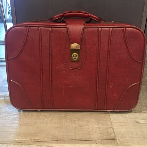 Vintage Handbags - Vintage Red Leather Suitcase